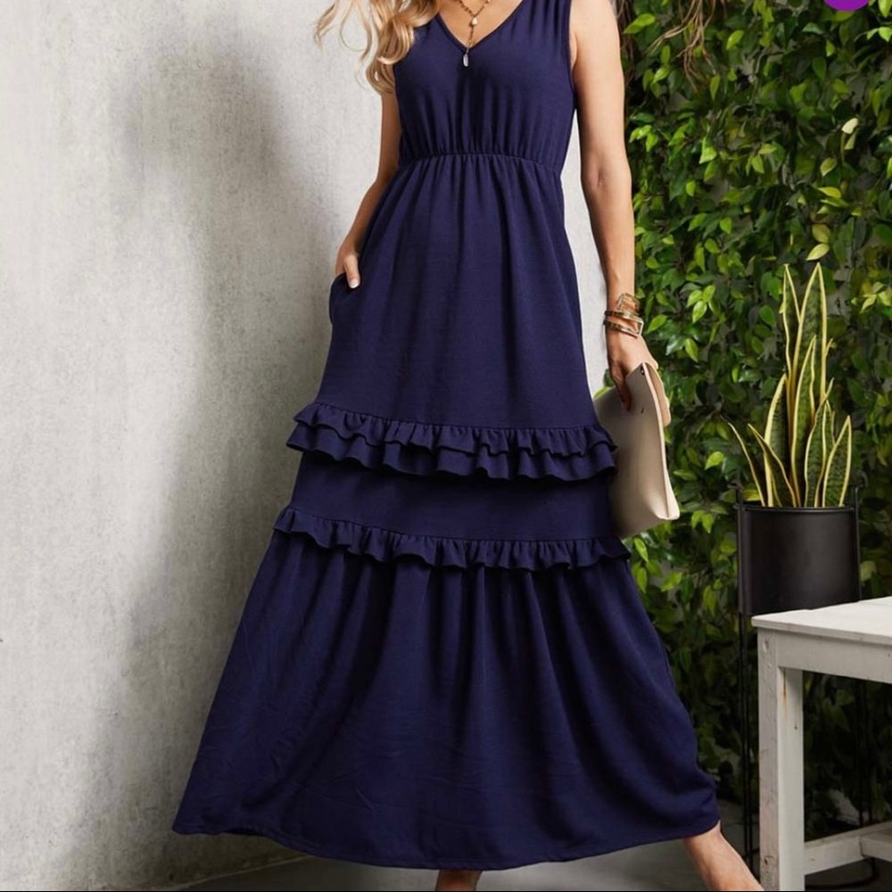 Suzanne Betro Navy Pocket Ruffle Maxi Dress